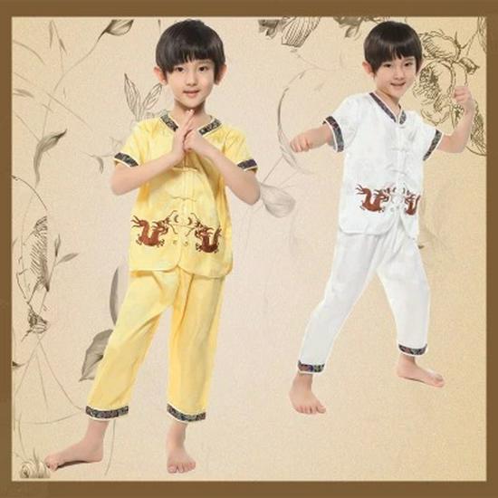Red Double Dragon Embroidered Tang Suit Set - Boys' Short Sleeve Summer Wear