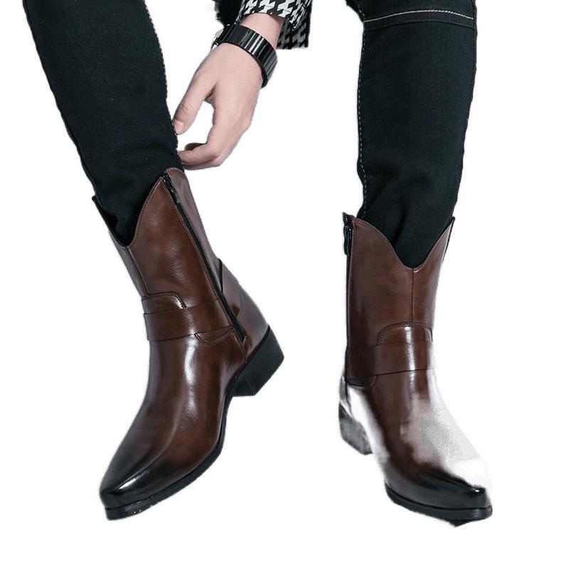 Men's Western Style Cowboy Boots - Pointed Toe, High-Top Leather Martin Boots