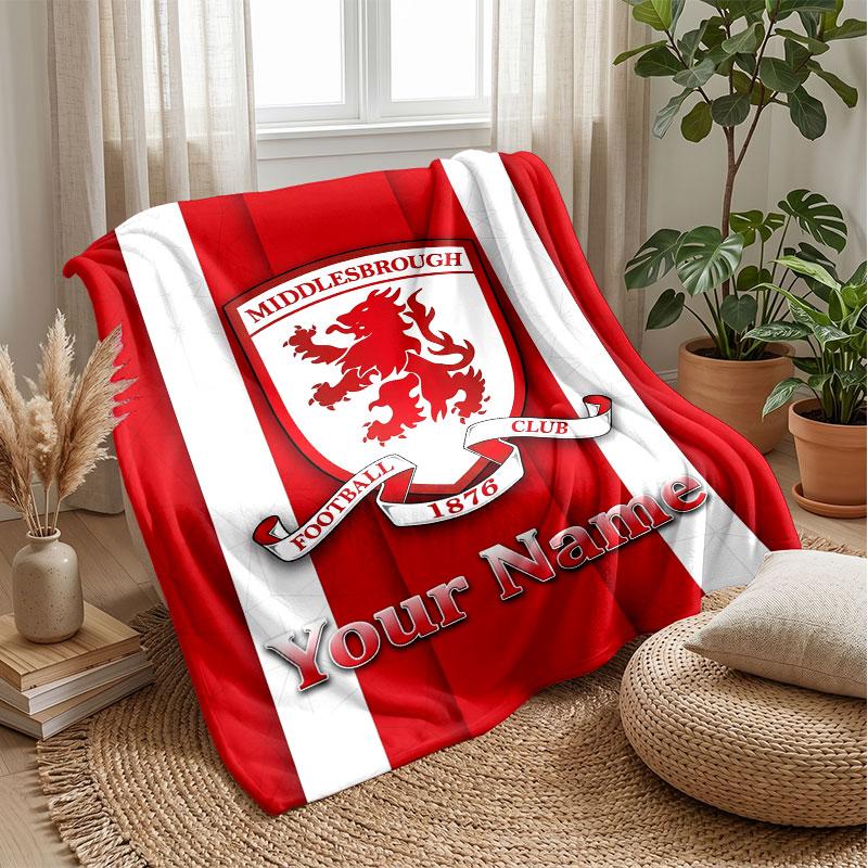 Middlesbrough FC Custom Name Text Flannel Blanket Soccer Logo Personalized Fleece Throw Blanket Special Gift For Sofa Bedroom Home