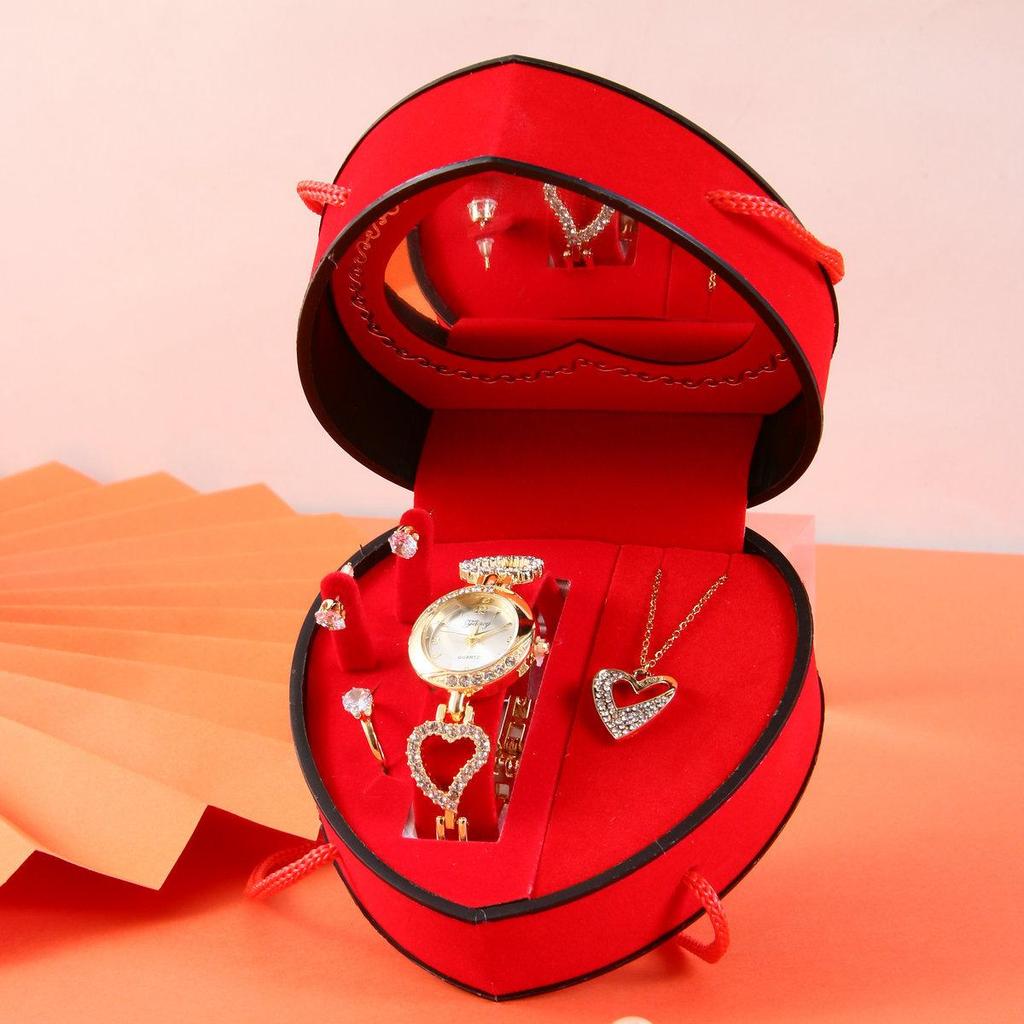 Heart-Shaped Diamond Watch & Necklace Set - Stainless Steel Gift Box for Teacher's Day or Holiday Gift for Girlfriend