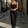 Women's Sleeveless Square Neck Midi Dress Fitted Waist Solid Strap Design Elegant Casual Party Wear for Summer and Spring
