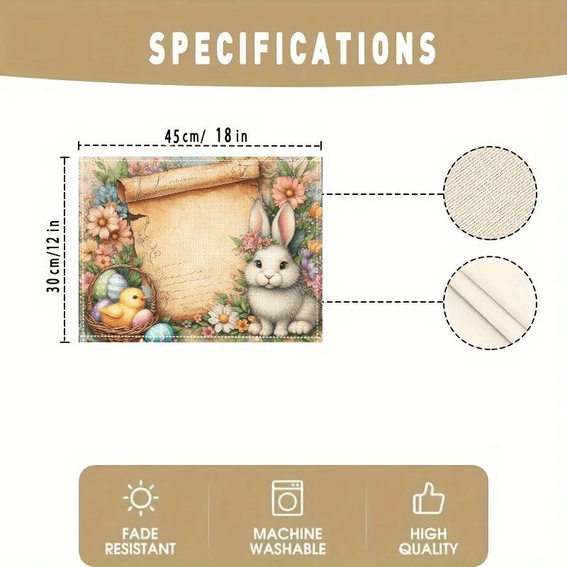 4pcs, Linen Material - Easter Bunny Placemats, Ethnic Traditional Patterns and Geometric Plaids, Washable Table Mats for Dining, Kitchen, Party