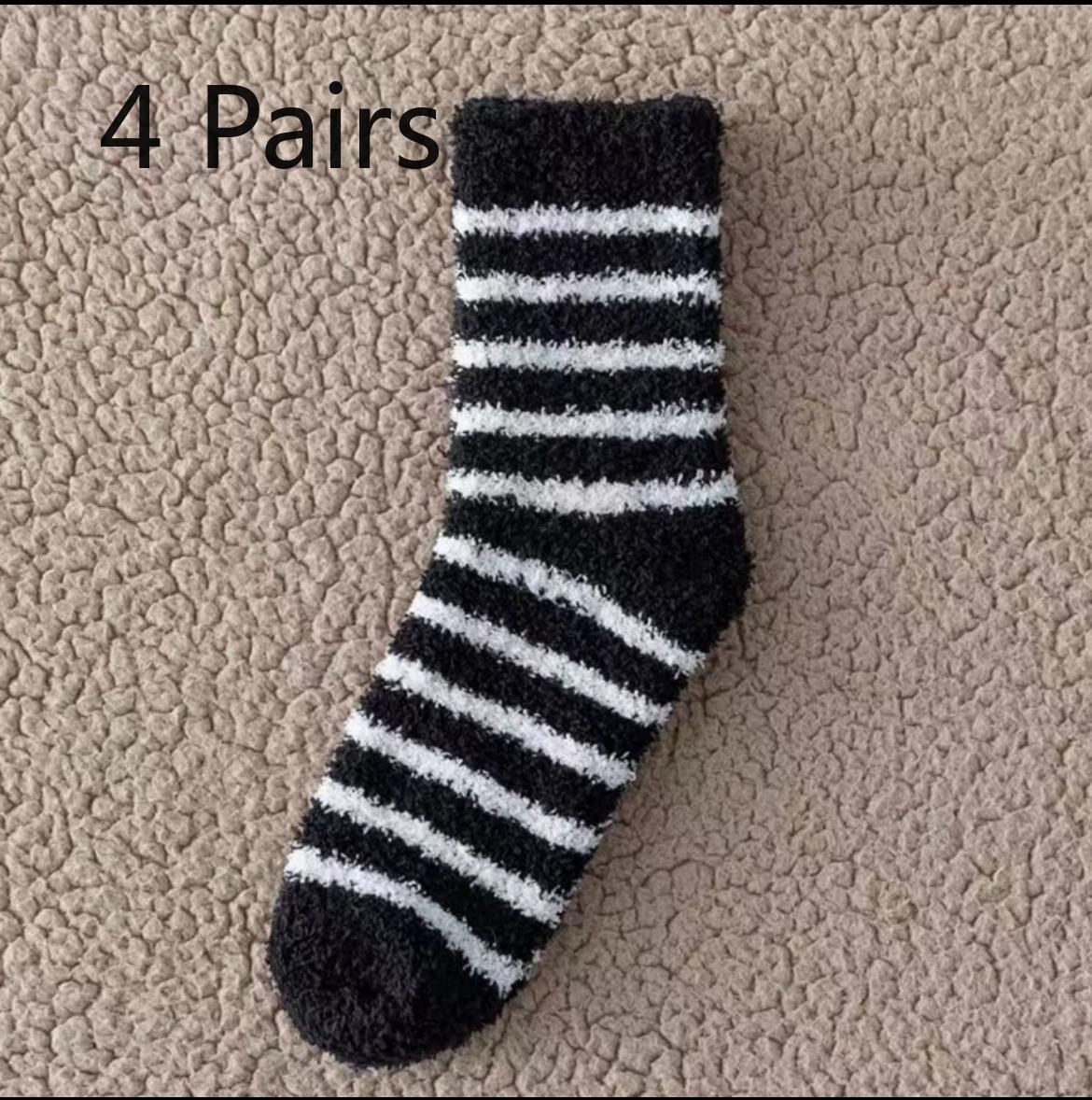 

4 Pairs of Winter Coral Fleece Sleeping Floor Socks for Warm Feet and Home Men, Thickened, Warm and Cold-proof Mid-calf Striped 4 pairs