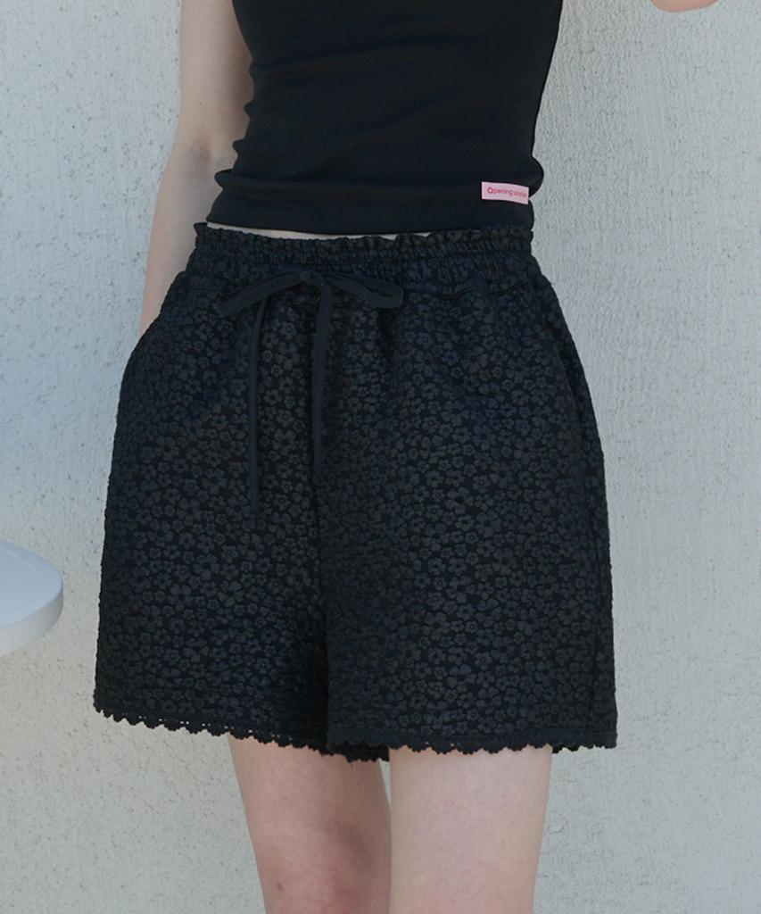 OPENING SUNSHINE Floral Embossed Lace Detail Elastic Waist Shorts Black