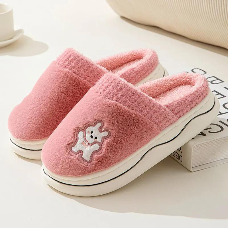 WTEMPO Women's Thick Flat Heel Indoor Home Plush Warm Slippers Large Size Close-toe Autumn Winter Cotton Slippers