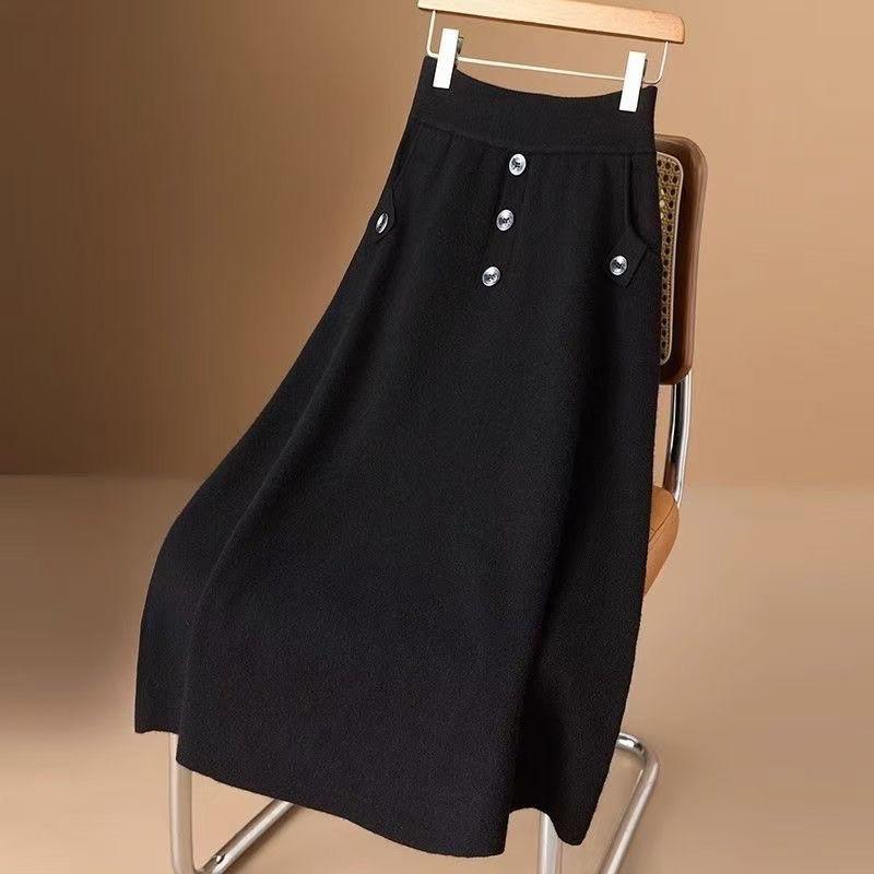 Knitted Skirt Women's Autumn Winter New Mid-length Elastic A-line Slim Hip Skirt High Waist Umbrella Thick Pockets