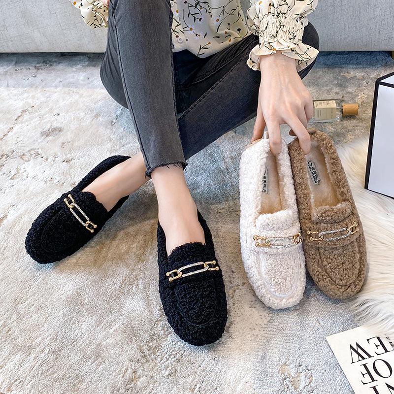 Fashion Crystal Metal Chains lambwool moccasins winter shoes woman warm curly fur flats female furry cotton snow boots shoes big size 43
