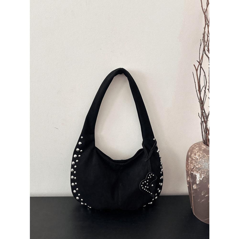 Casual Versatile Suede Rivet Bucket Bag, Fashionable Women Shoulder Bag Suitable For Daily Commute, Dating, Shopping