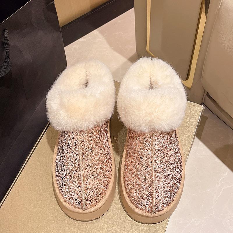 Fashion Winter Snow Boots Women's Fashion Round Toe Sequin Platform Non-Slip Wear-Resistant Plush Warm Cotton Boots
