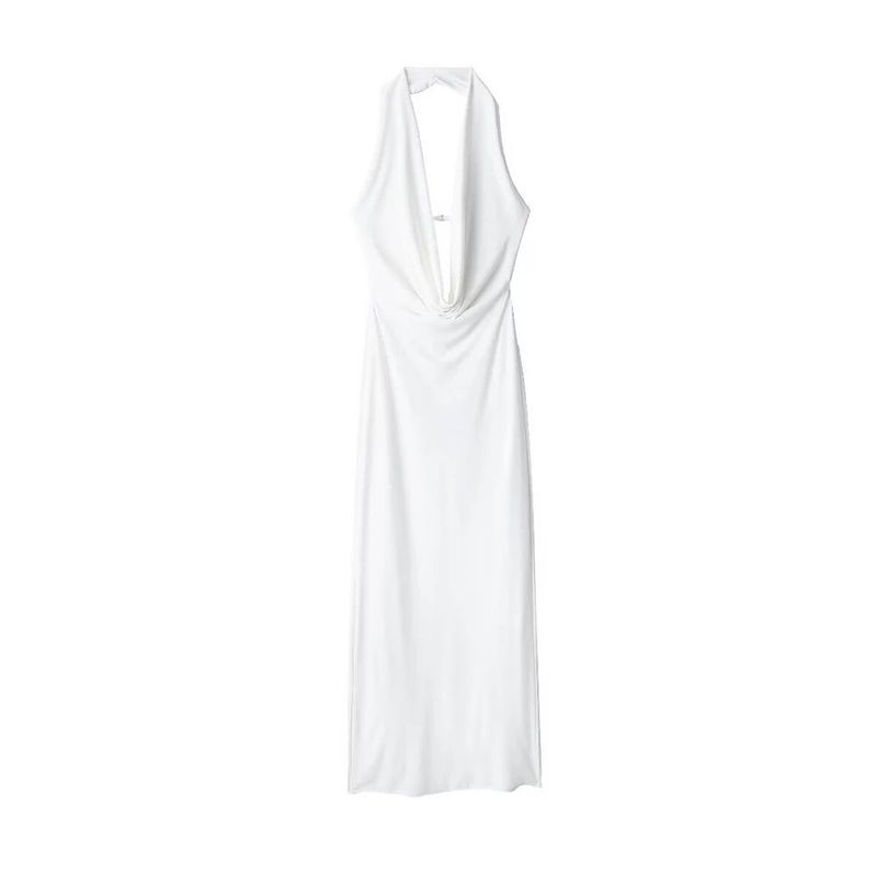 

Wrinkled Neck Hanging Backless Dress Pleat Hanging Neck Backless Solid Dress as picture L