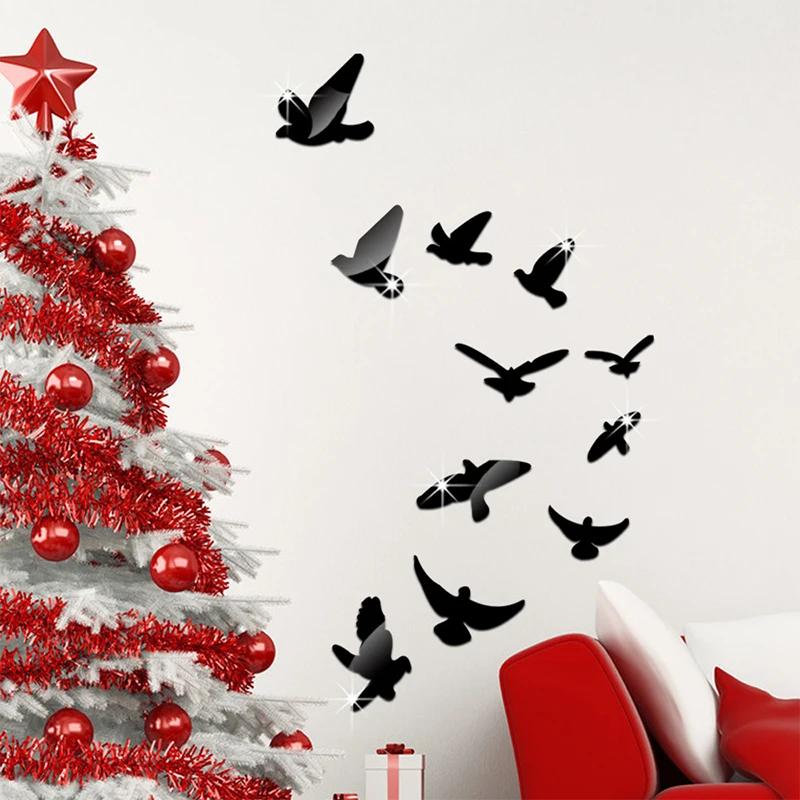 11Pcs Peace Dove Bird Shaped Acrylic Gold Sliver Mirror Stickers Wall Sticker Home Decoration Bedroom Living Room Decor