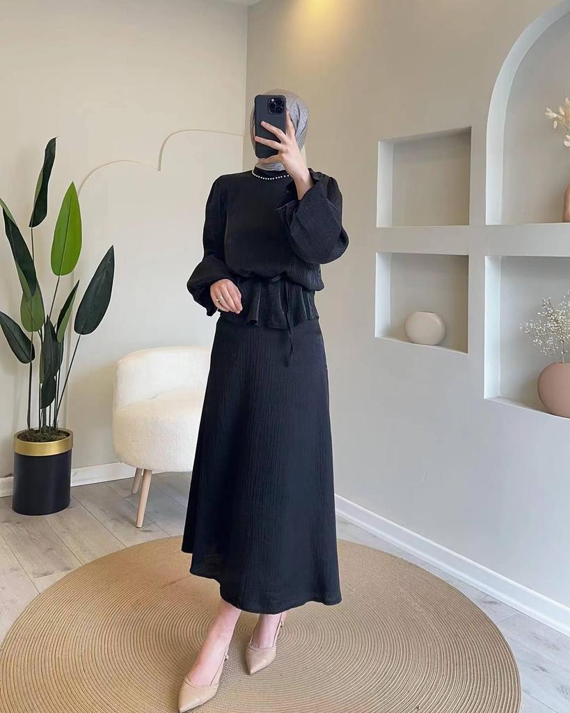 2024 Spring Women's Muslim Set: Elegant Solid Color Half Skirt with Tie