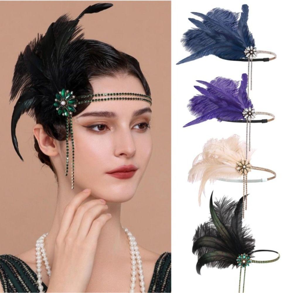 Water Diamond Feather Headwear 1920s Hair Band Rhinestone Headpiece Chain Brides Makeup