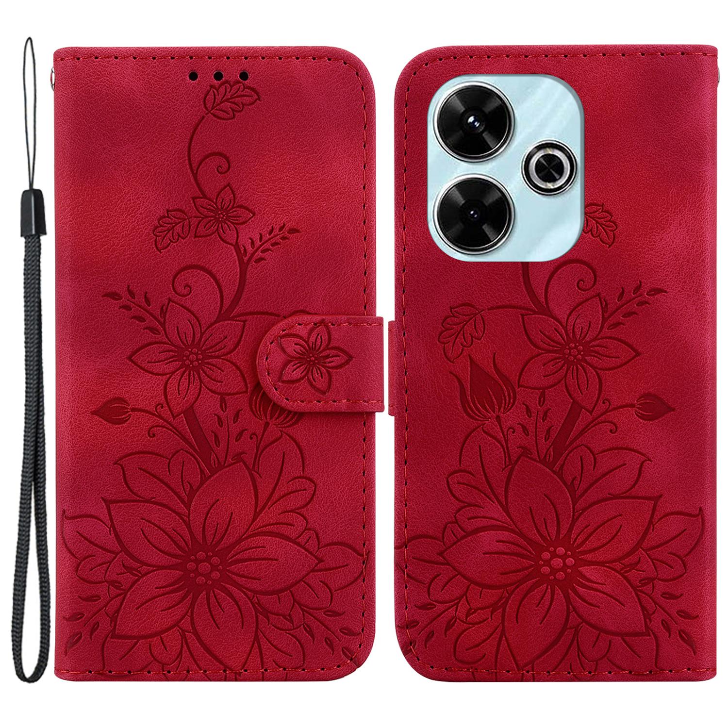 

For Xiaomi Redmi 13 5G/13 4G/Poco M6 4G Case PU Leather Lily Flower Anti-Drop Phone Cover Red