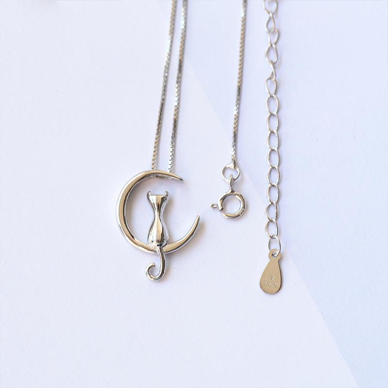 Korean 925 Silver Moon Cat Necklace - Women's Clavicle Chain Jewelry