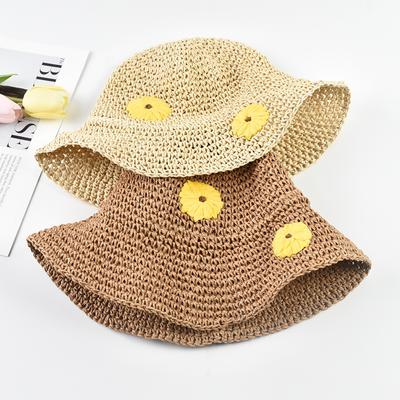 Handgefertigter gehäkelter Stroh-Bucket-Hut für Damen Sommerurlaub Faltbarer Strand-Sonnenhut Outdoor Breitkrempig Floppy Fischerhüte
