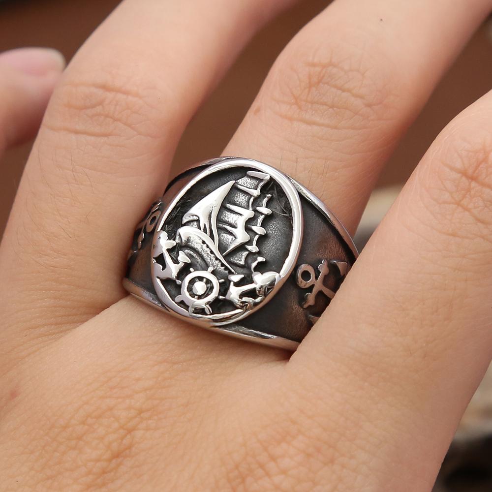 Moda Vintage Nórdico Veleiro Pirata Anel Masculino Aço Inoxidável 316L Anéis Viking Bússola Amuleto Biker Joia Presente