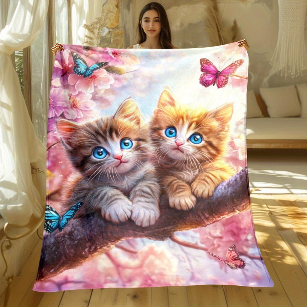Two Adorable Kittens with Blue Eyes Butterflies Cherry Blossoms Fleece Blanket Cute Animal Print Soft Flannel Throw Blanket for