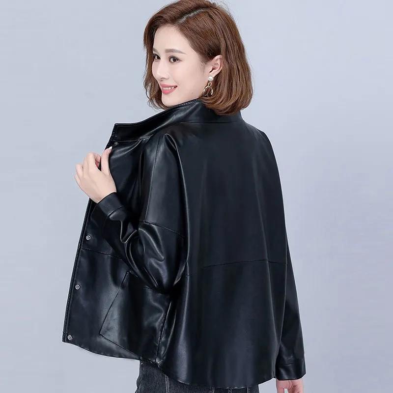 Women's Spring and Fall Loose Casual PU Leather Jacket Stand-up Collar Simple Short Section Jacket