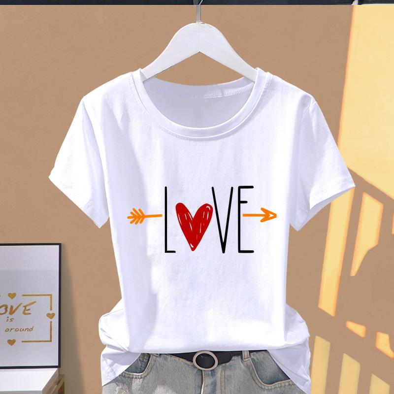 (Asian Size) Top O-neck Tee Fashion Print love style trend Casual Short Sleeve T-shirts T Graphic Female Women's Clothing