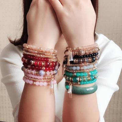 4Pcs Women Bracelets Faux Crystal Smooth Multi Pendant Jewelry Retro Bohemian Style with Elastic Cord Multi-layered Stackable Bracelet Set