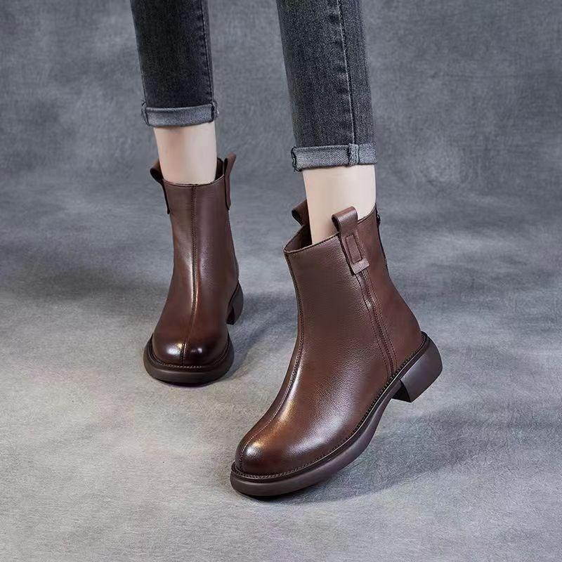 Soft Leather Boots Women's Autumn and Winter Boots New Mid-heel Soft-soled Zipper Winter Velvet Soft Leather Soft-soled Fashion Boots