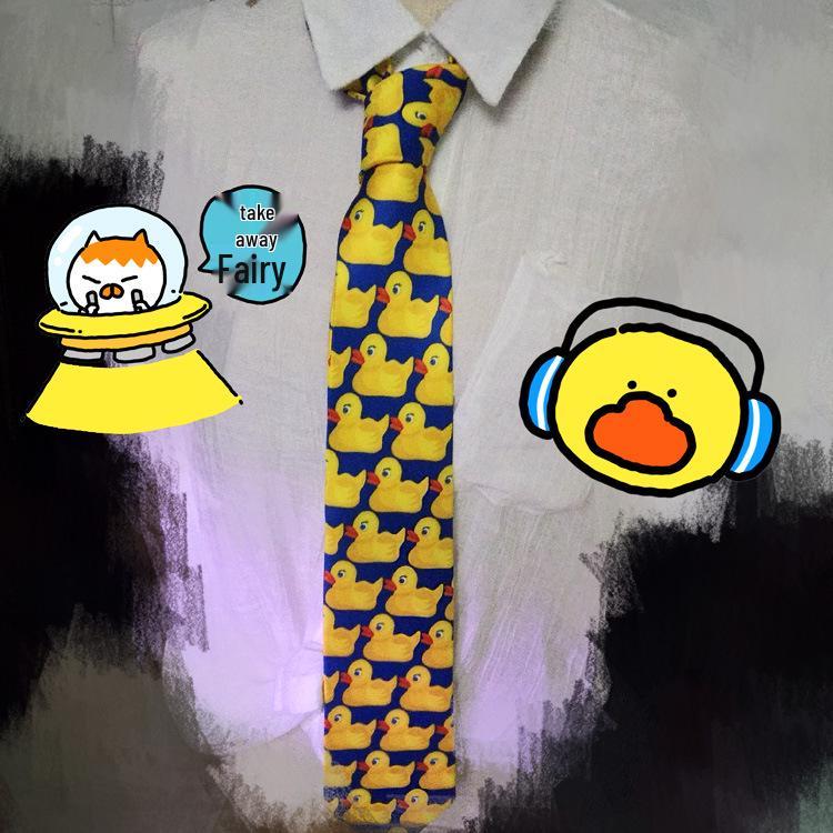 Matte Polyester Screen Printed Yellow Duck Pattern Long Tie for Men and Women