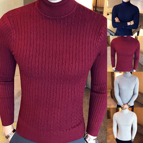 Casual Men Winter Solid Color Turtle Neck Long Sleeve Twist Knitted Slim Sweater