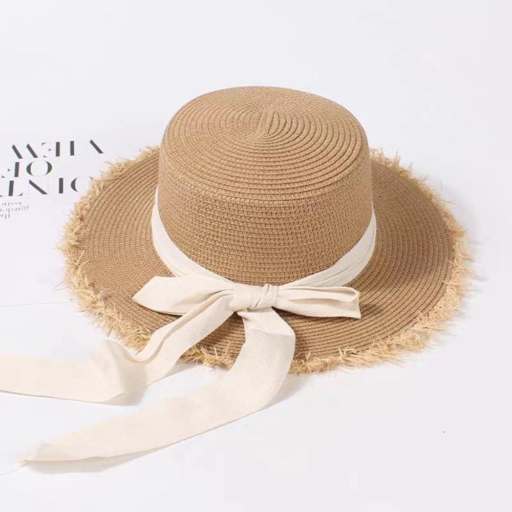 

Flat Top Sunscreen Hat Ribbon Bow Sunshade Cap Fashion Straw Hat Outdoor Style 4