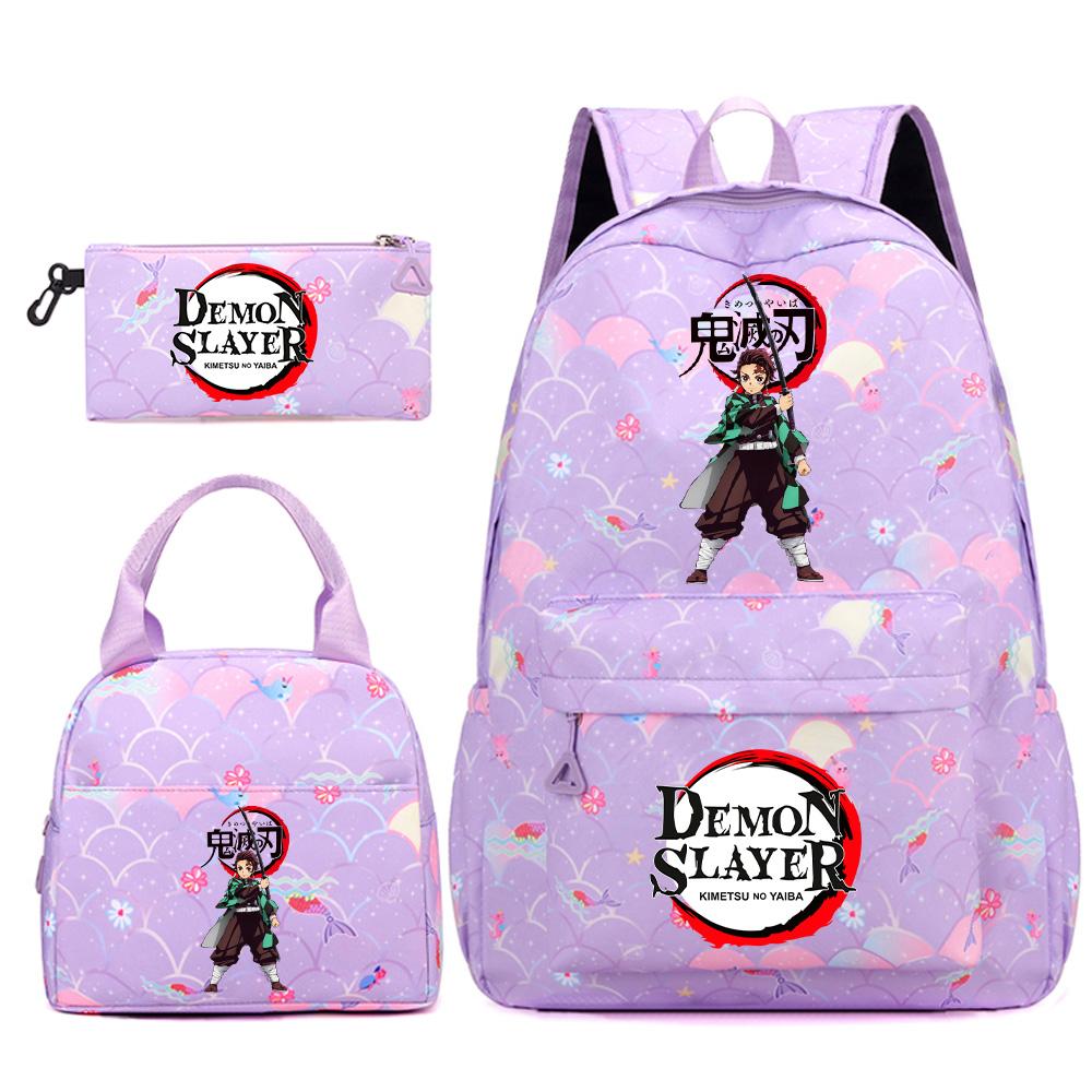 3Pcs/set Anime Demon Slayer Printed Backpack Handbag Pencil Case for Teenger Student Bookbag Women Large Capacity Waterproof Travel Bag Mochila