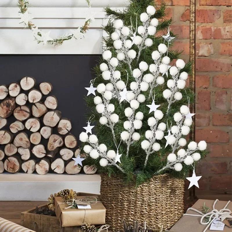White Artificial Berry Stem Snow Tipped Frosted Christmas Berries Branch DIY Wreath Xmas Tree Ornament Wedding Home Table Decor