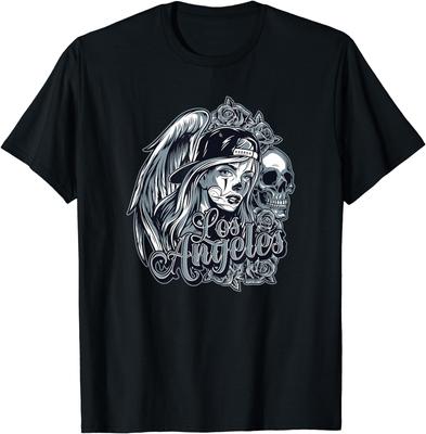 T-shirt unisex Los Angeles Chicana z czaszkami, różami i skrzydłami anioła