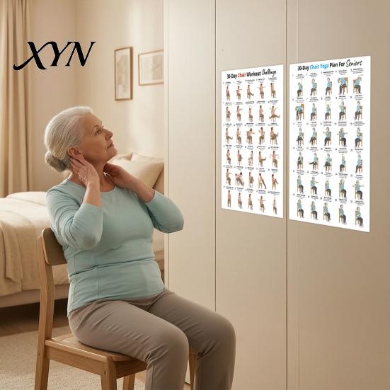 Gentle Workouts For Elderly 2Pcs Chair Yoga Poster Set, 30 Day Seated Exercise Chart for Easy Home Seniors, Stretching Workout Guide Elderly, Strength