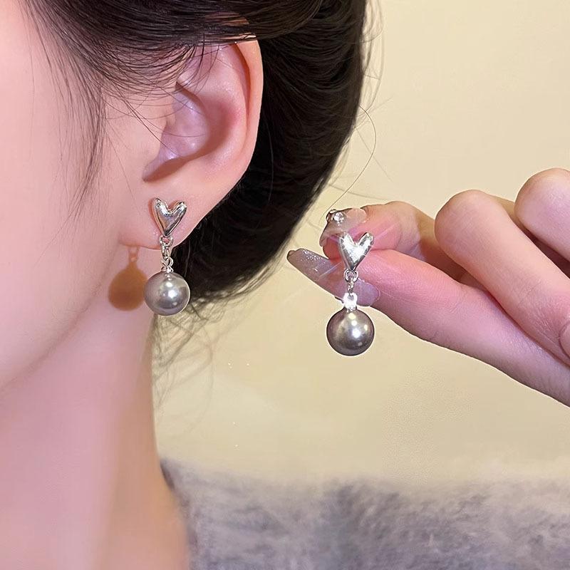 Fashion Grey Pearl Heart-Shaped Tassel Earrings for Women Girl Korea Style Simplicity Dangle Earrings Daily Commute Jewelry Gift