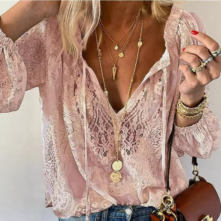 women's Lace Patchwork V Neck Long Sleeve Blouse Loose Fit Casual Commuter Top Shirt