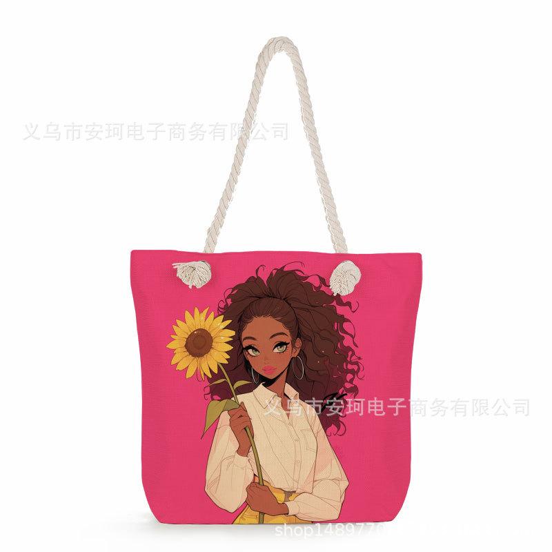 Multifunctional Fairy Tale Style Printed Thick Rope Shoulder Beach Bag Casual Large Capacity Handbag 0106 CLE