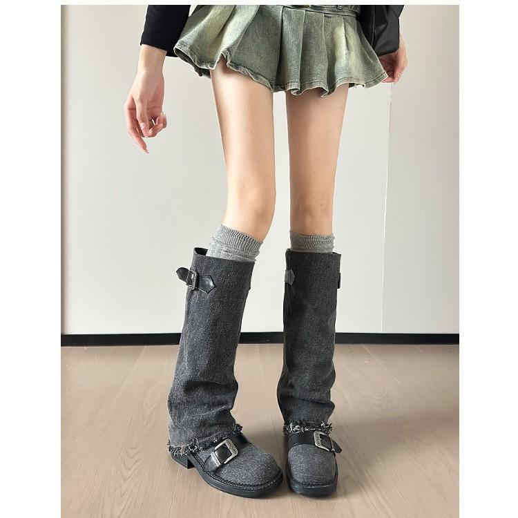 Vintage Round Head Belt Buckle Versatile Thick Heel Sleeve Cowboy Boots Wasteland Wind Pile Tall Maillard Platform Boots