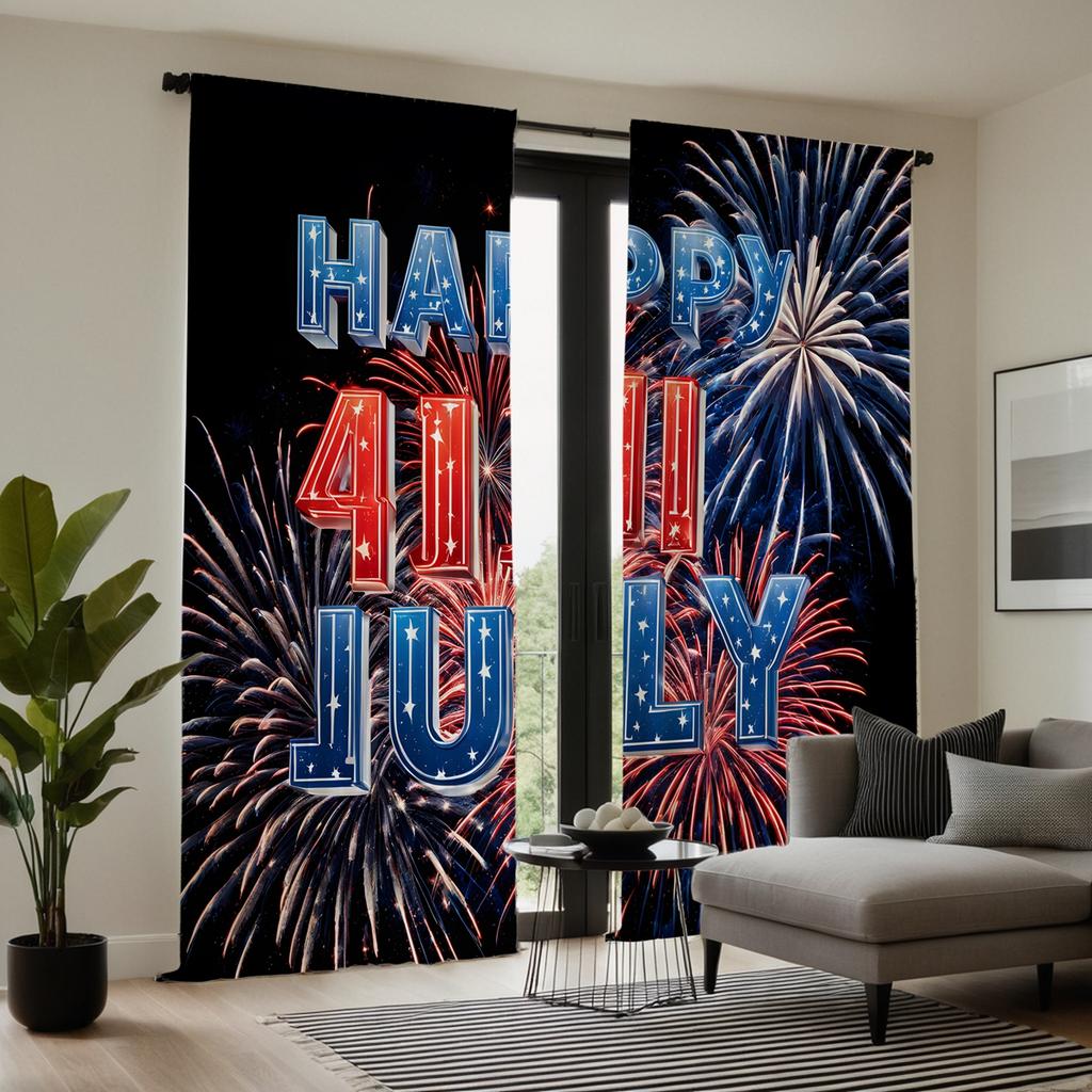 2 Pieces HD Independence Day Hello July Fireworks Decorative Curtain Black Tie Digital Printed Curtain Home Decoration Style Dec