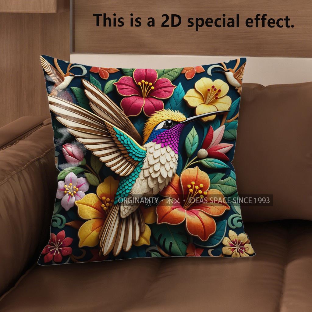 

2D Hummingbird Floral Print Decorative Pillow Covers Pattern Cushion Cover Suitable For Sofa Bedroom Car Pillow Cover 40x40cm