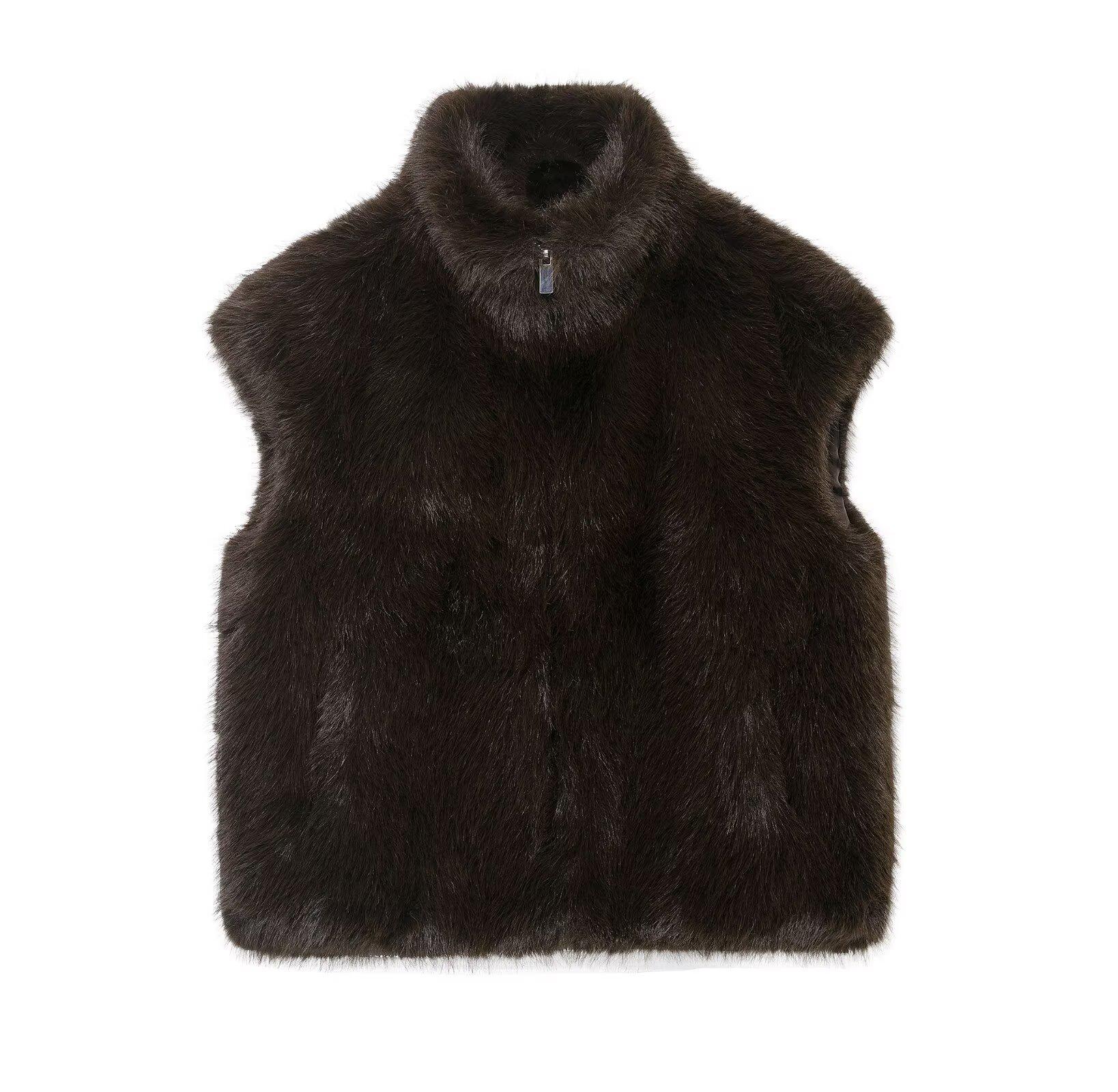 

European and American Women s Fashion Faux Fur Stand Collar Vest L