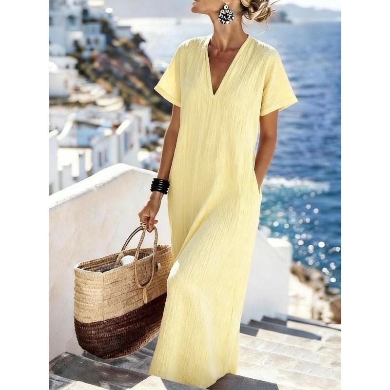 Women Casual Vacation V Neck Short Sleeve Solid Color Loose Maxi Dress