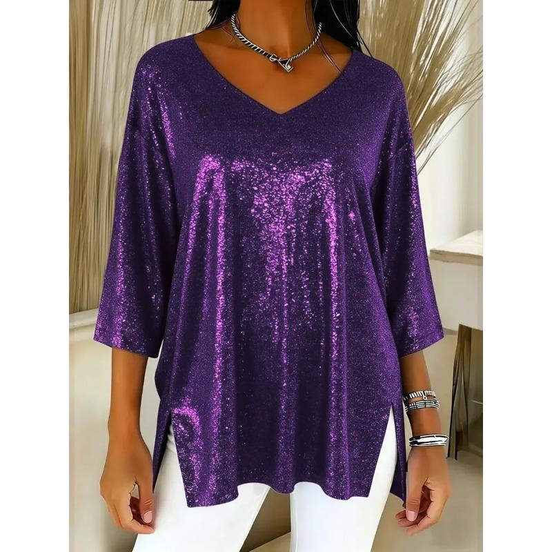 Spring and Summer Loose Solid Color V-neck Nine-point Sleeve Split Top Women's Clothing
