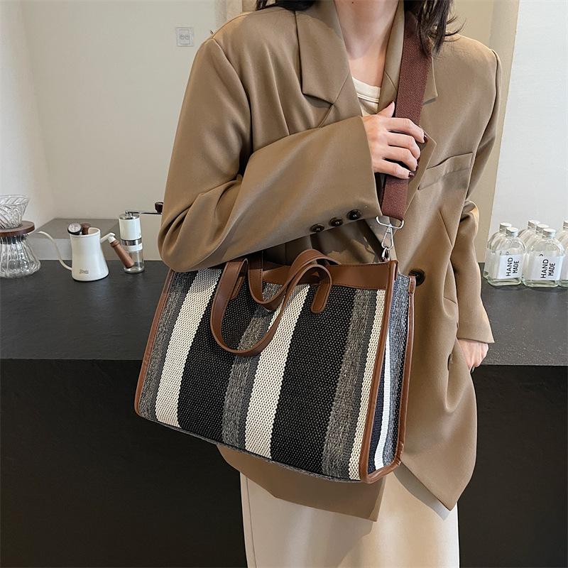 Large Capacity Canvas Bag Hand Carrying Student Class Crossbody Bag Striped Contrast Tote Bag