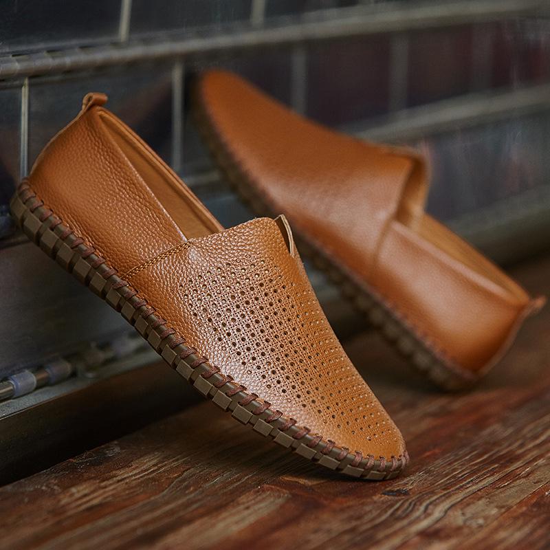 

Men s Perforated Leather Loafers - Spring/Summer Slip-On, Low-Top, Handmade, Large Size Casual Driving Shoes 38