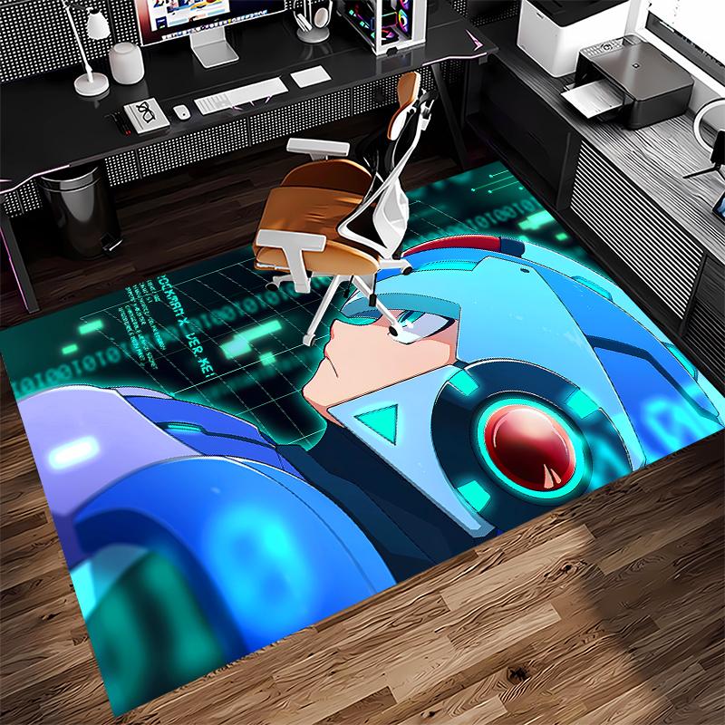 1pc Cartoon Rockman Game Megaman Print Area Rug - Soft, Washable Non-Slip Indoor Mat for Office Chairs, Living Room, Home Office Decorative Rug