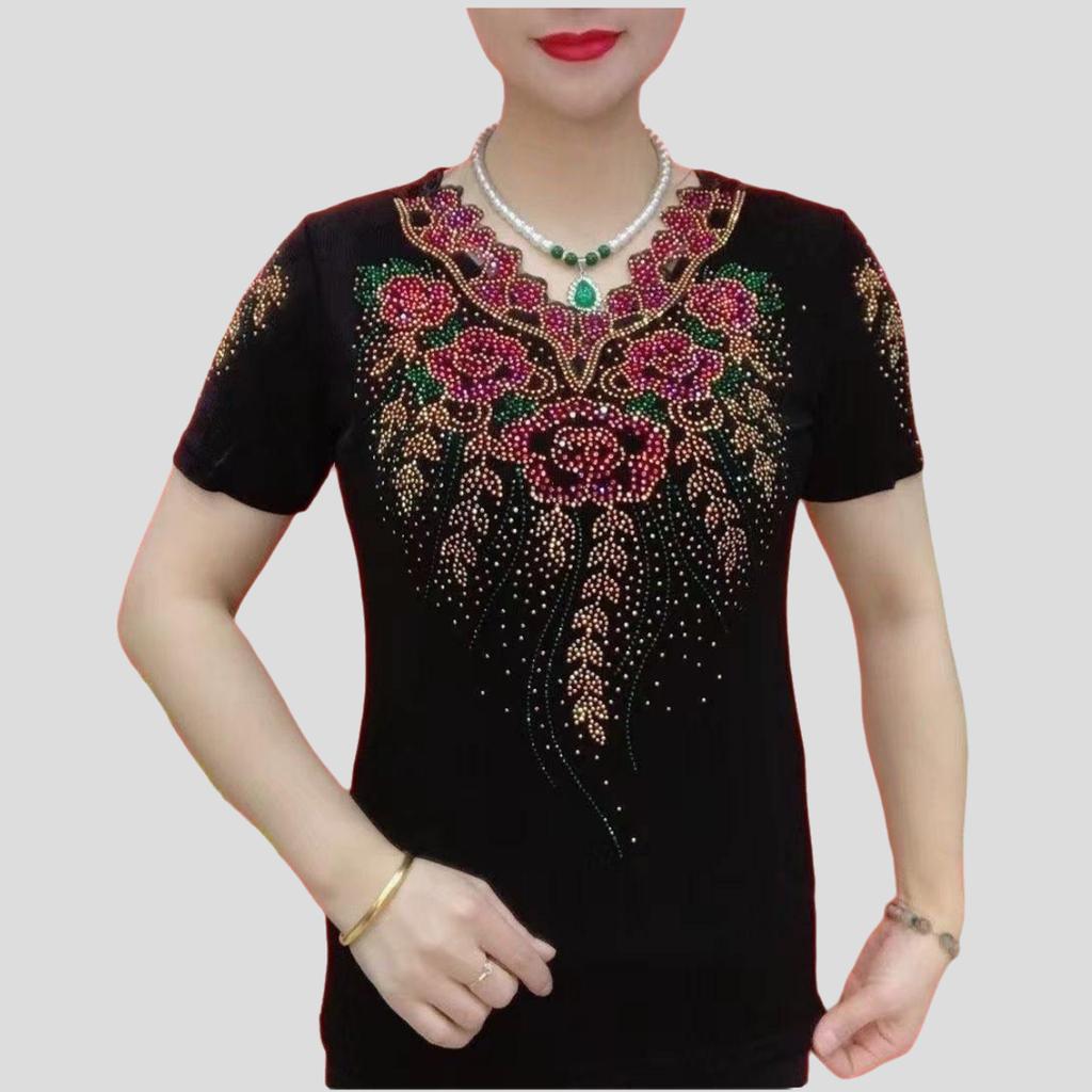 Women's V-neck Short Sleeve T-shirt Rhinestone Print High Stretch Slim-fit T-shirt