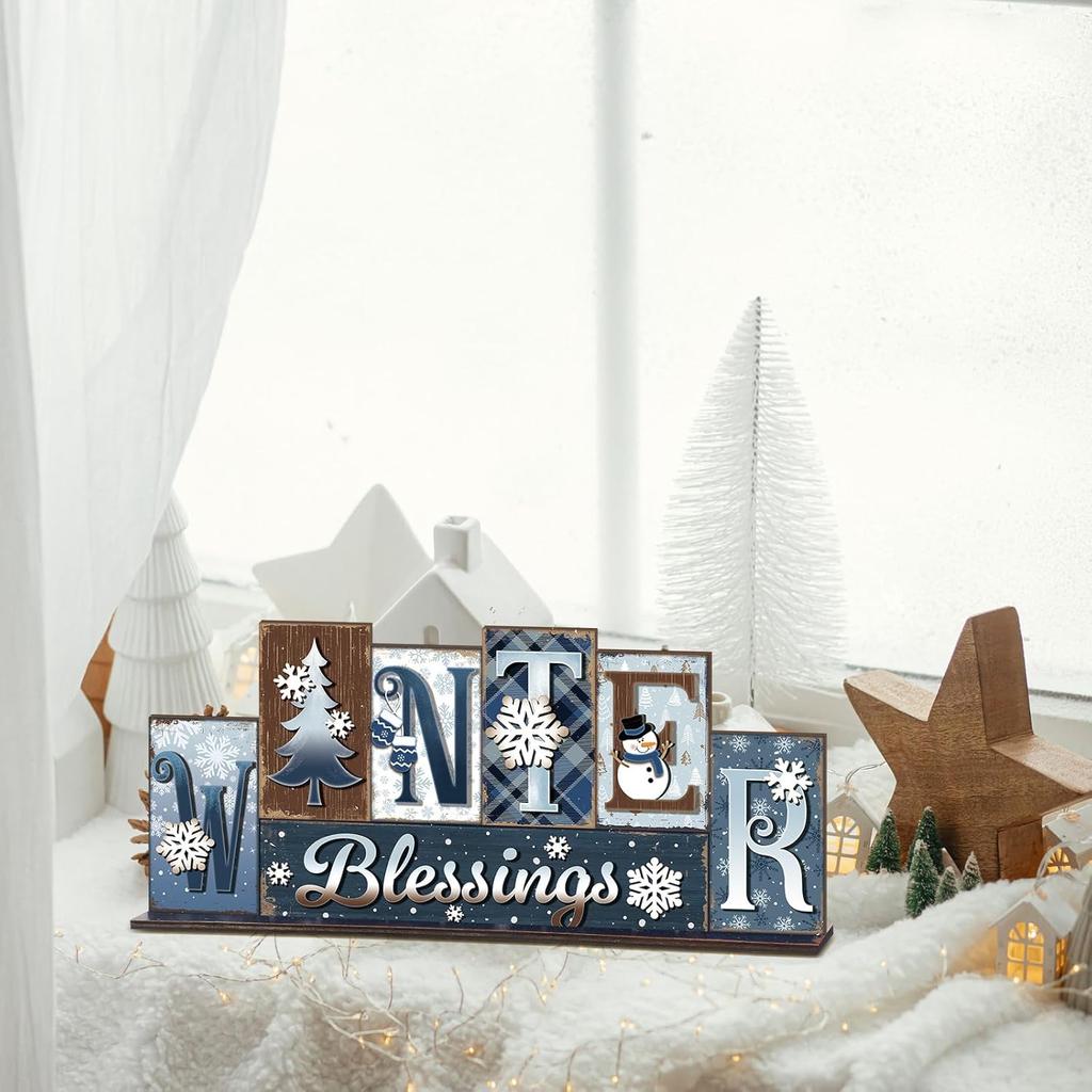 Amyhill Winter Table Decoration Merry Winter Tiered Tray Decor Reversible Centerpiece Decorative Snowman Snowflake Santa Claus Gingerbread Block