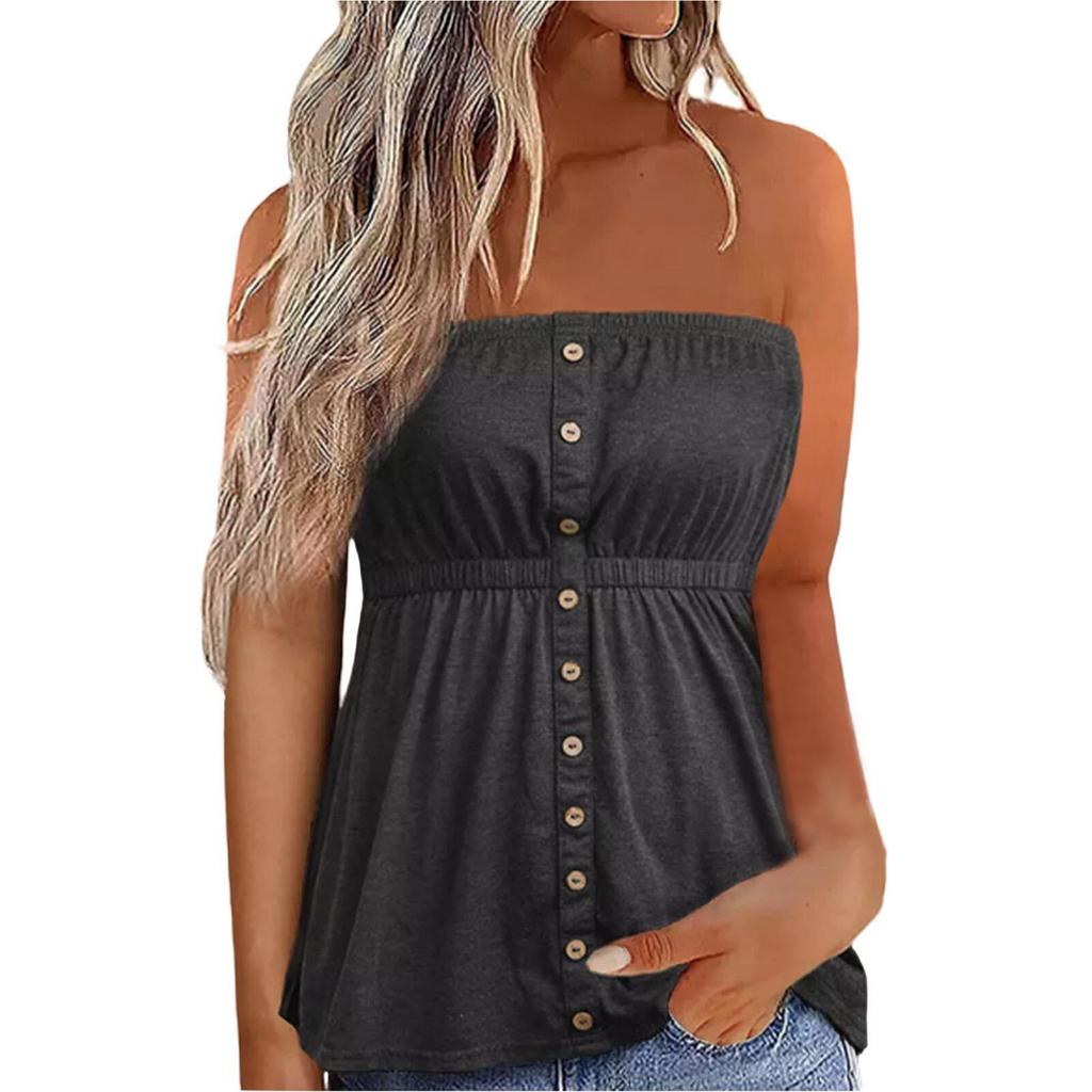 Women's Solid Color Sexy Off-the-shoulder Slim-fit Pullover Sleeveless Button Decoration Top