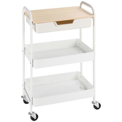 Rolling Kitchen Cart, 2 Shelves, Drawer, Shelf, 4 Wheels, Handles, Steel, White