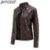BITCED Women's Casual Leather Jacket Stand-up Collar Slim-Fit Outerwear Spring/Autumn Solid-Colour Leather Jacket